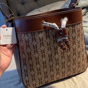 Fossil Tan and Brown Monogram crossbody Bag